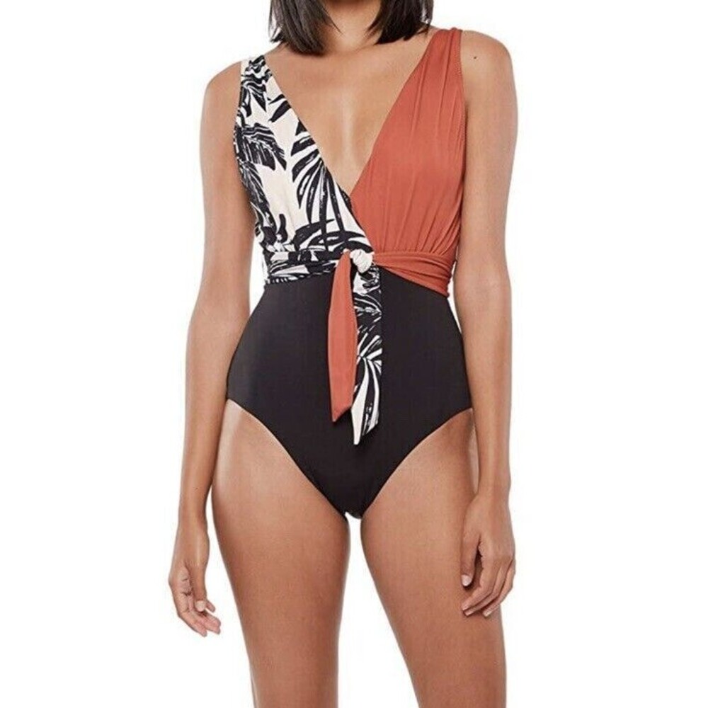 Santuary Women's Plunge Tie Front One-Piece Swimsuit Size L NWOT Black Brown